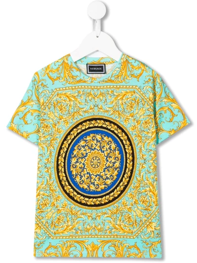 Young Versace Kids' Barocco Print Crew Neck T-shirt In Blue