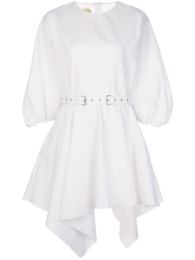 Marques' Almeida Asymmetric Belted Cotton-seersucker Mini Dress In White