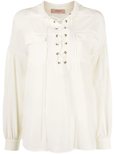 Twinset Lace-up Loose-fit Blouse In Neutrals