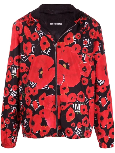 Les Hommes Poppy Print Lightweight Jacket In Black/red