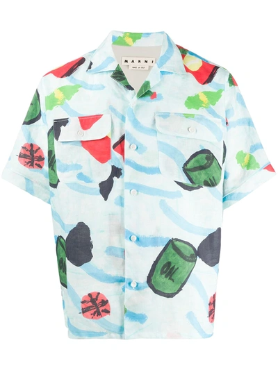 Marni Graphic Print Button Up Shirt In Blue