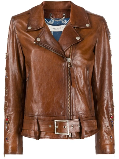 Golden Goose Faded Leopard-print Leather Jacket In Brown