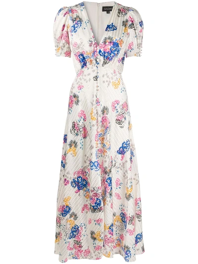 Saloni Lea Printed Silk Long Dress In White,fuchsia,blue