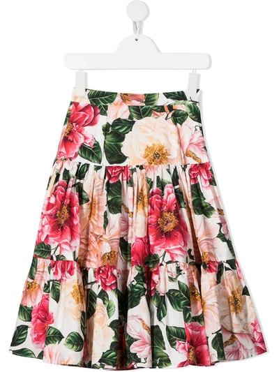 Dolce & Gabbana Kids' Long Camellia-print Poplin Skirt In Multicolor