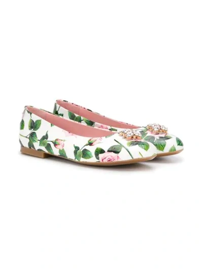 Dolce & Gabbana Teen Floral-print Ballerina Flats In White