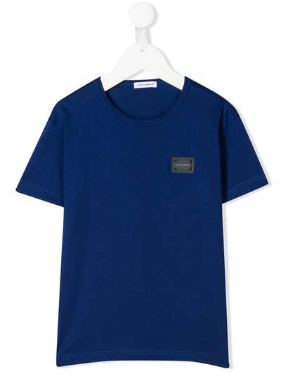 Dolce & Gabbana Kids' Logo Patch Crew Neck T-shirt In Blue