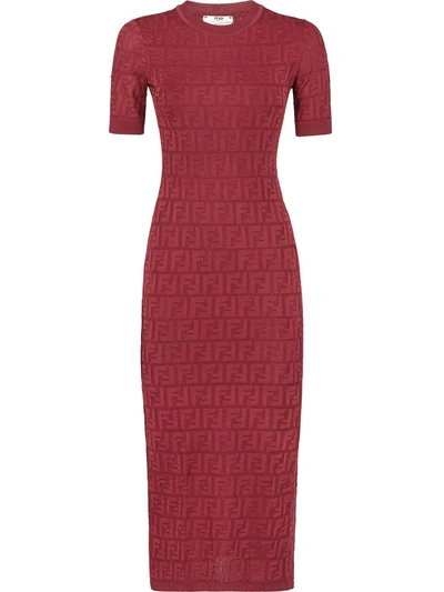 Fendi Ff Logo Jacquard Midi Sweater Dress In Burgundy