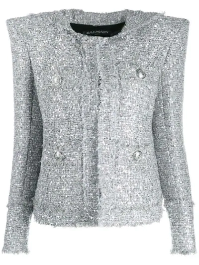 Balmain Sequined Metallic Bouclé-tweed Hooded Jacket In Silver