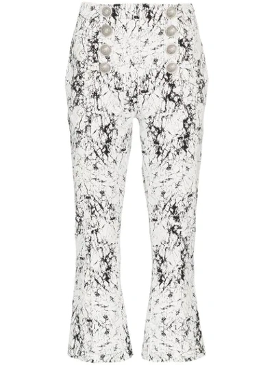 Balmain Cropped Cracked Stretch-cotton Jersey Flared Pants In White