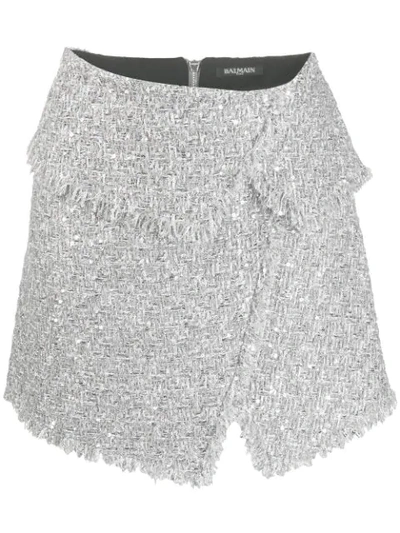Balmain Wrap-effect Sequined Bouclé-tweed Mini Skirt In Silver