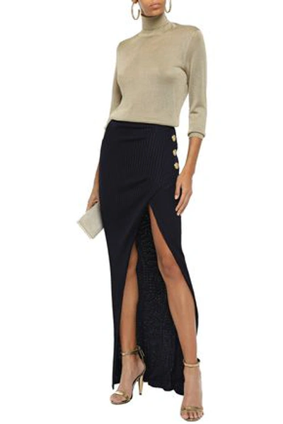 Balmain Wrap-effect Button-embellished Ribbed-knit Maxi Skirt In Midnight Blue