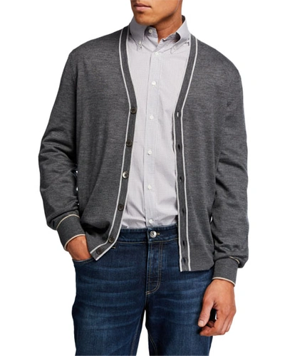 Brunello Cucinelli Men's Contrast-tipping Wool Cardigan In Gray