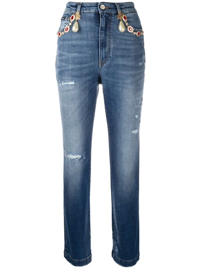 Dolce & Gabbana Embellished Cropped High-rise Wide-leg Jeans In Mid Denim