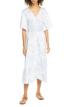 Vince Painted Magnolia Tie Waist Midi Dress In Powder Blue