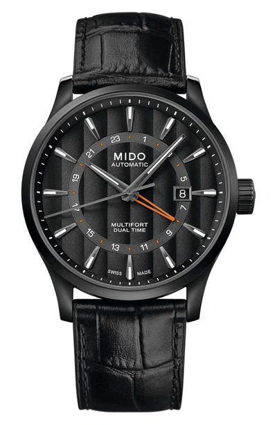 Mido Men's Swiss Automatic Multifort Dual Time Black Leather Strap Watch 42mm