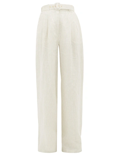 Zimmermann Super Eight Belted Striped-linen Wide-leg Trousers In White