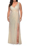 La Femme Sequin Faux Wrap Gown In Champagne