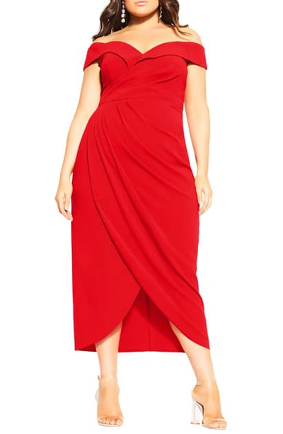 City Chic Rippled Love Off The Shoulder Midi Dress In Red Love