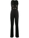 Balmain Surplice-neck Button-embellished Wool Jumpsuit In Black