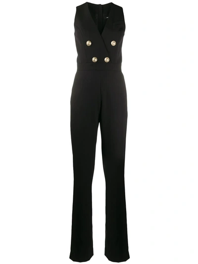 Balmain Surplice-neck Button-embellished Wool Jumpsuit In Black