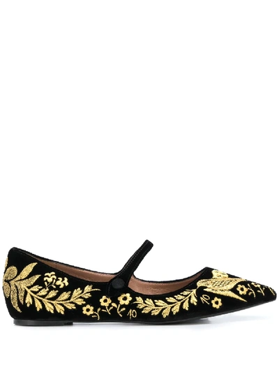 Tabitha Simmons Hermione Floral-embroidered Velvet Mary-jane Flats In Black
