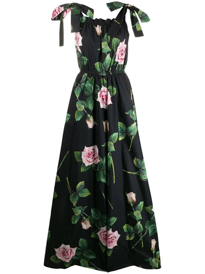 Dolce & Gabbana Rose Print Cotton Poplin Wide Leg Jumpsuit In Black