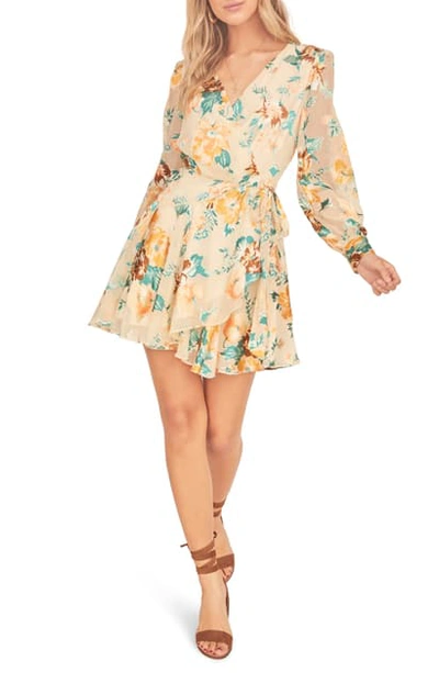 Astr Aja Long Sleeve Floral Wrap Minidress In Cream Jade Floral