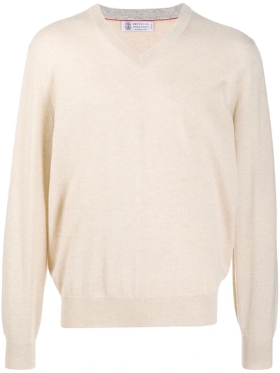 Brunello Cucinelli V-neck Cashmere Jumper In Neutrals