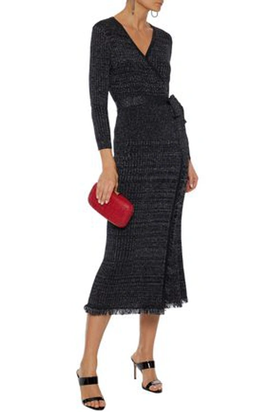 diane von furstenberg metallic wrap dress DVF Diane Von Furstenberg 2023 Metallic Wrap Midi Dress | Blue