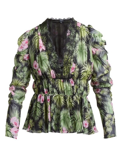 Giambattista Valli Lace-trimmed Floral-print Silk-georgette Peplum Blouse In Leaf Green