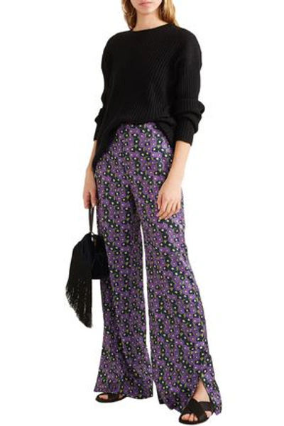 Lela Rose Floral-print Satin-twill Wide-leg Pants In Purple