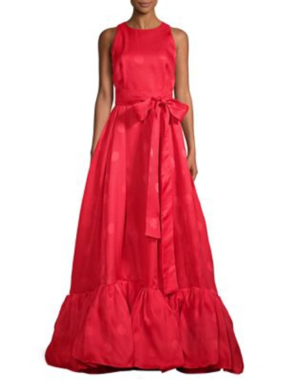 Carolina Herrera Tonal Dot Ruffle Gown In Cherry Red