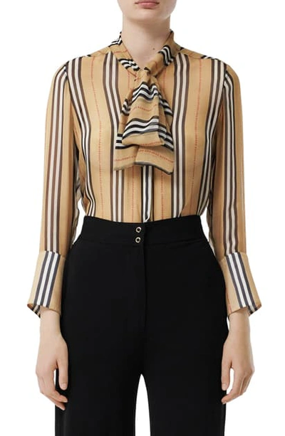 Burberry Amelie Tie Neck Icon Stripe Silk Blouse In Archive Beige