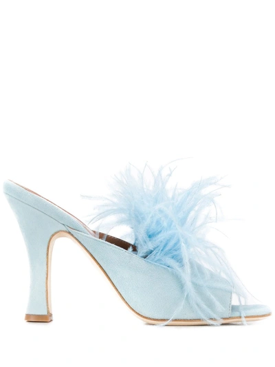 Paris Texas Suede Square Toe Mule With Marabou Feathers In Blue