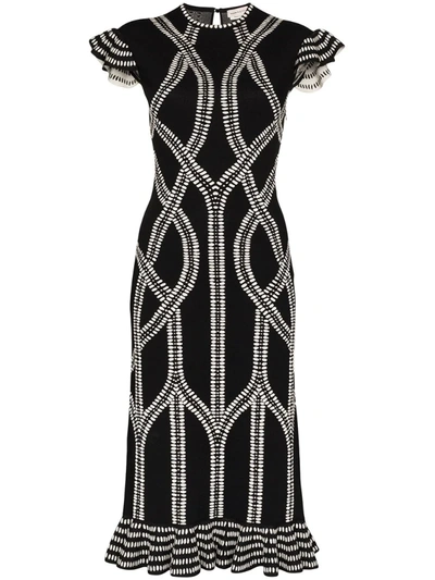 Alexander Mcqueen Jacquard Ruffle Hem Midi Dress In Black