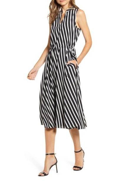 Anne Klein Stripe Drawstring Side Dress In Anne Blk/ Zinc Combo