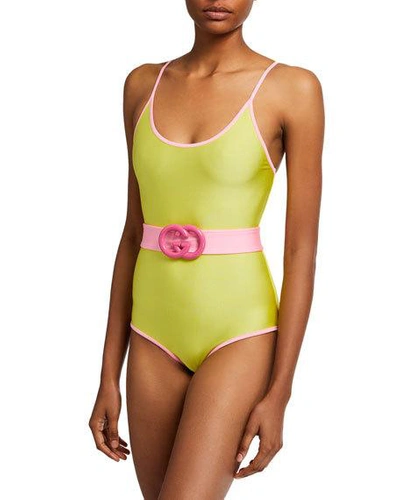 Gucci Gg-belted Sparkling One-piece Swimsuit In Yellow/pink