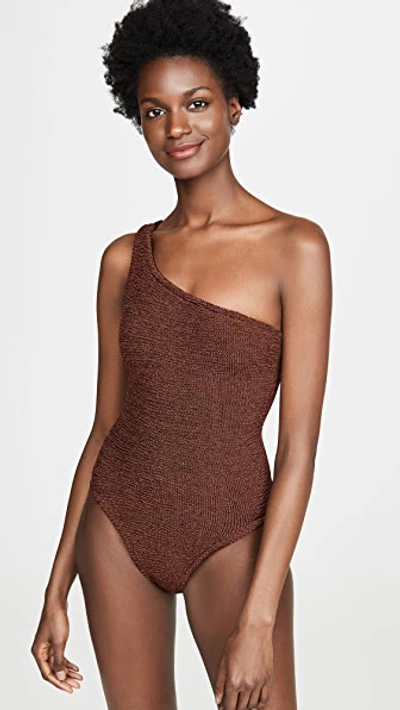 Hunza G Nancy One-shoulder Crinkle One-piece Swimsuit In Metallic Bronze