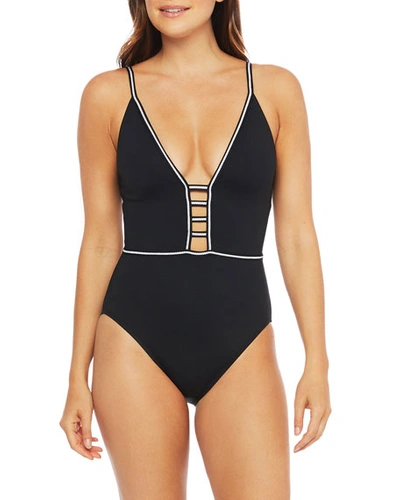 La Blanca Plunging Strappy Mio One-piece Swimsuit In Black