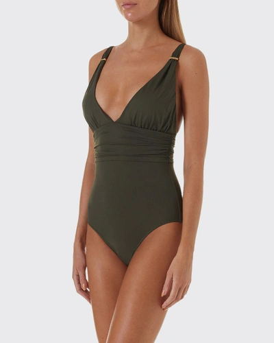 Melissa Odabash Panarea Snake-print Shirred One-piece Swimsuit In Olive