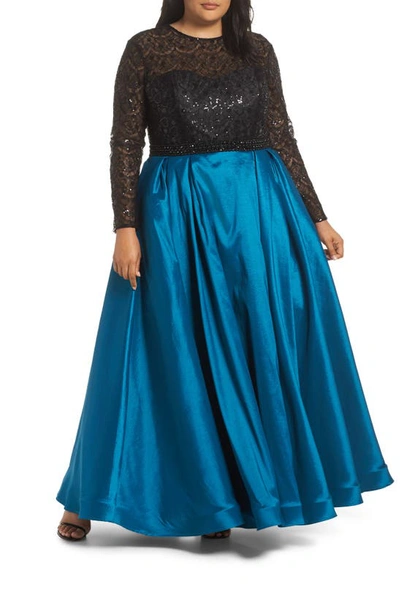 Mac Duggal Plus Size Long-sleeve Satin Ball Gown With Sequin Bodice In Teal