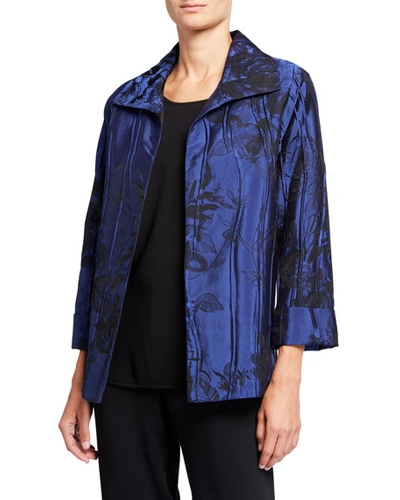 Caroline Rose Plus Size Crinkle Rose Jacquard A-line Jacket In Sapphire/black