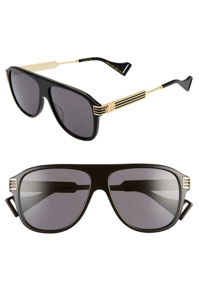 Gucci 57mm Aviator Sunglasses In Shiny Black