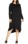 Eileen Fisher Plus Size Long-sleeve Asymmetrical Hem Jersey Midi Dress In Black
