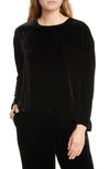 Eileen Fisher Petite Crewneck Long-sleeve Velvet Top In Black