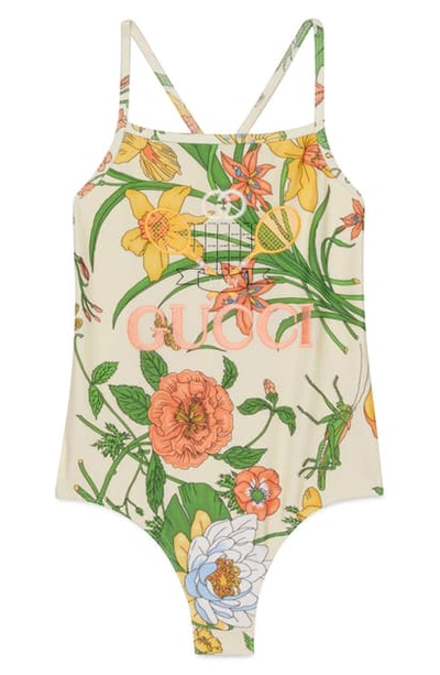 Gucci Kids' Girl's Floral Embroidered Tennis-logo One-piece Swimsuit, Size 4-10 In Magnolia/ Pastel Print