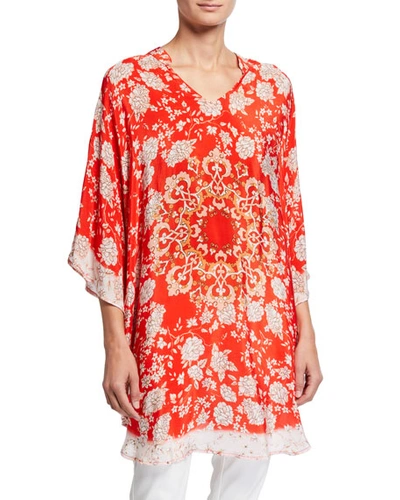 Tolani Plus Size Belle Floral Print V-neck Silk Tunic In Cherry