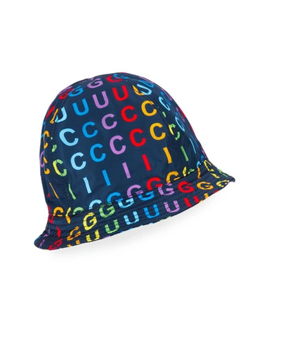Gucci Kid's Rainbow Vertical Logo Bucket Hat In Blue