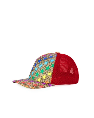 Gucci Kid's Gg Supreme & Rainbow Stars-print Trucker Hat In Beige