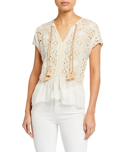 Johnny Was Leith Tassel Trim Short-sleeve Eyelet Top In Natural